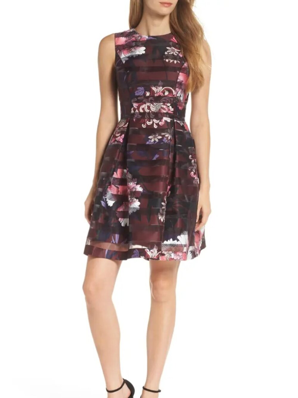 Vince Camuto Burgundy Shadow Stripe Fit & Flare Dress. 14